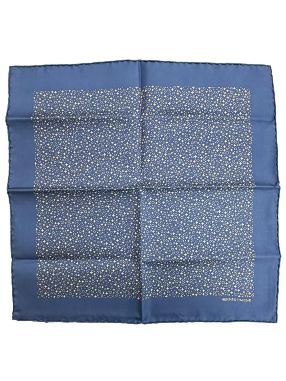 Hermes Silk 100% Petit Carre 45 Gavroche All Over Pattern Scarf Navy Yellow